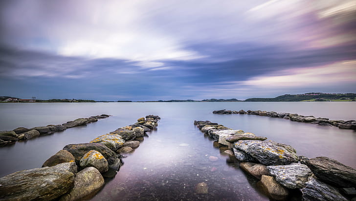 cirrus clouds over calm body of water with boulder rock pier, Hafrsfjord, Stavanger, Seascape, travel photography, cirrus clouds, calm, body of water, boulder rock, photo, sunset, landscape, fullframe, rocks, ultra, reflections, sony, fe, weather, clouds, by the sea, long exposure, fjord, travel, motion  photography, sony a7, sky, europe, geotagged, Rogaland, nature, outdoors, water, rock - Object, sea, HD wallpaper