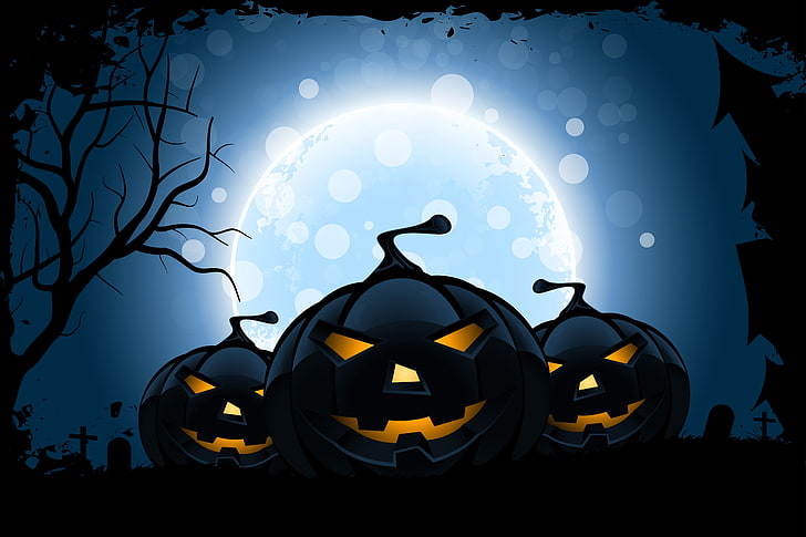 ilustracja halloween, uśmiech, drzewo, wakacje, księżyc, Halloween, horrory, Wesoła dynia, świąteczny horror, Tapety HD