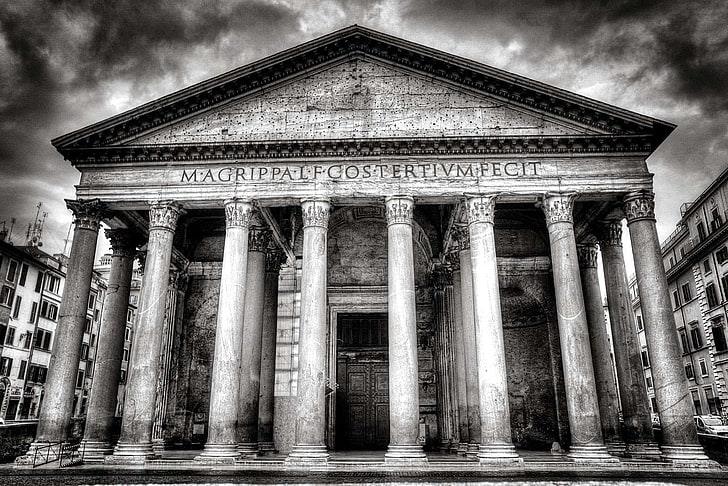 architecture, black and white, building, columns, italy, pantheon, paris, pillars, HD wallpaper