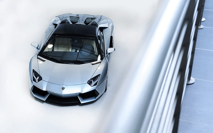 Lamborghini-Supercar-Draufsicht, silbernes Coupé, Lamborghini, Supercar, Oberseite, Ansicht, HD-Hintergrundbild