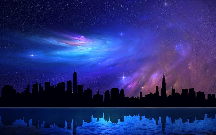 abstrakcja, Piękny, Chicago, Marzycielski, mgławica, noc, odbicie, niebo, drapacze chmur, gwiazdy, Tapety HD