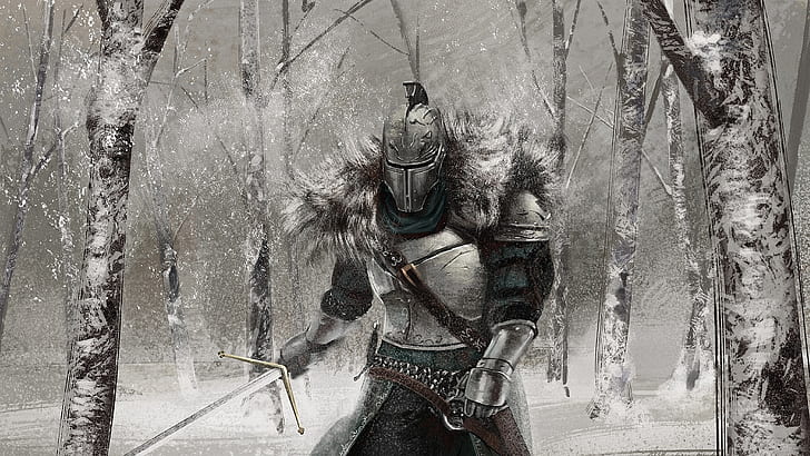 зима, лес, снег, меч, доспехи, арт, рыцарь, Dark Souls 2, Dark Souls II, HD обои
