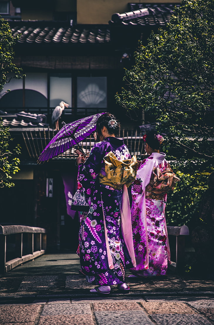 women's purple and white floral geisha dress, girls, kimono, japan, umbrella, HD wallpaper