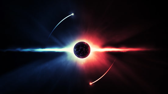 ดาวเคราะห์บนวอลล์เปเปอร์พื้นหลังสีแดงและสีน้ำเงินโฟกัสตื้น ๆ ของดวงจันทร์สีแดงและสีน้ำเงินอวกาศศิลปะดิจิตอลดาวเคราะห์งานศิลปะศิลปะอวกาศ, วอลล์เปเปอร์ HD HD wallpaper