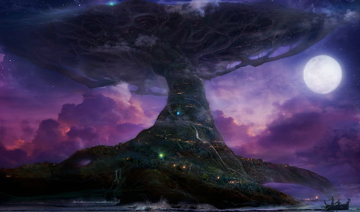 purple, Moon, Teldrassil, video games, trees, World of Warcraft, World Tree, Darnassus, HD wallpaper