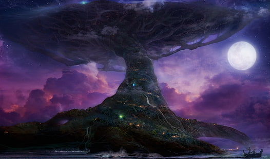 ilustração da árvore da vida, Teldrassil, World of Warcraft, World Tree, árvores, lua, roxo, Darnassus, videogames, HD papel de parede HD wallpaper