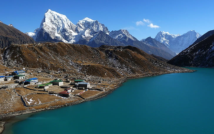 пейзаж, озеро, деревня, Непал, гора Эверест, Гималаи, HD обои