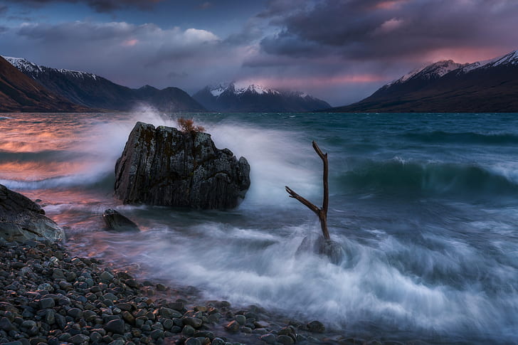 mountains, lake, dawn, stone, New Zealand, Southern Alps, Lake Ohau, HD wallpaper