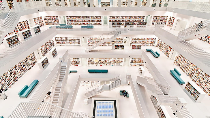 лестницы из белого бетона, библиотека, Штутгарт, модерн, HD обои