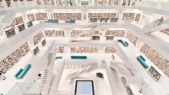 beyaz beton merdivenler, kütüphane, Stuttgart, modern, HD masaüstü duvar kağıdı HD wallpaper