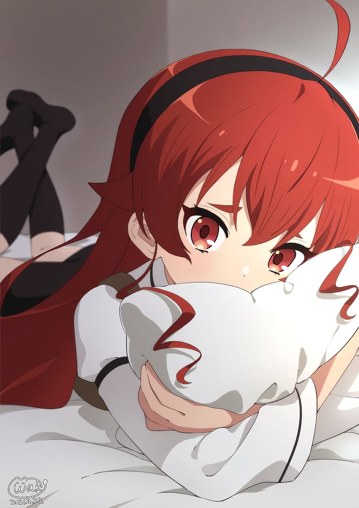 Anime-Mädchen, Eris Boreas Greyrat (Mushoku Tensei), Mushoku Tensei, rote Augen, liegend, Rotschopf, Kissen, Kissenumarmung, HD-Hintergrundbild, Handy-Hintergrundbild