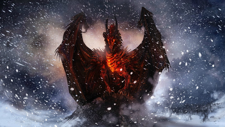 papel de parede dragão preto, dragão, arte da fantasia, neve, HD papel de parede