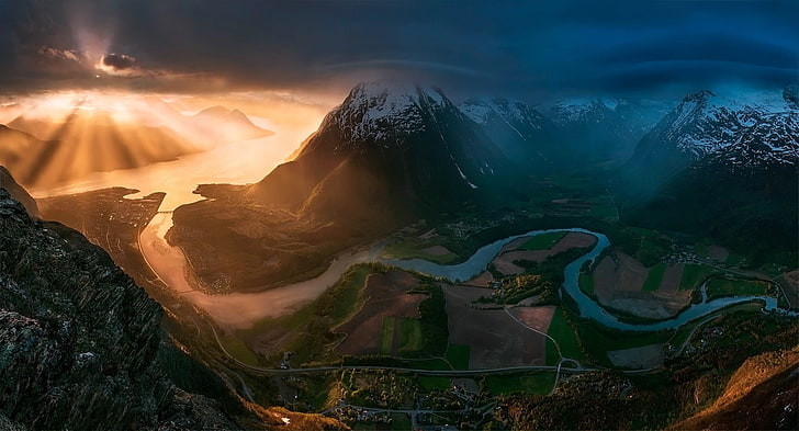 пейзаж, Max Rive, планина, природа, Фото манипулация, река, слънчева светлина, HD тапет