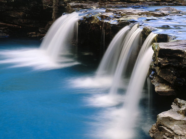 river and stone, falls, stream, stones, water, blue, arkansas, HD wallpaper