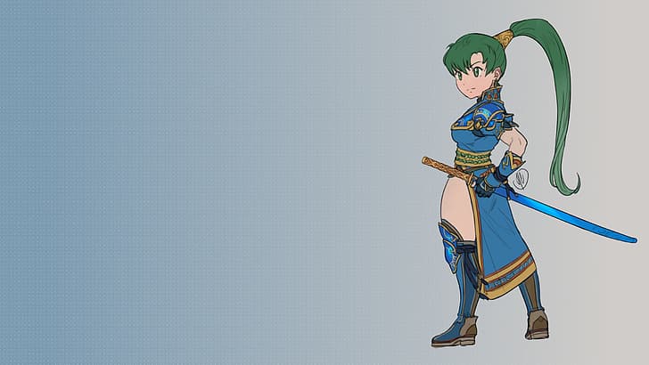 Fire Emblem, Lyndis (Fire Emblem), Lyn (Fire Emblem), sword, ponytail, green hair, knee-high boots, thighs, chibi, bangs, blue eyes, video games, gloves, armor, armored, armored woman, gradient, video game girls, Nintendo, HD wallpaper