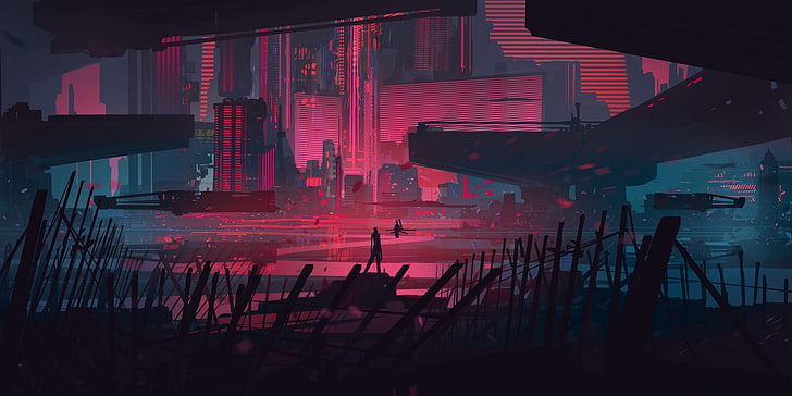 silhouette de personne debout près de bâtiments papier peint numérique, art numérique, illustration, oeuvre, paysage urbain, cyberpunk, futuriste, bâtiment, lumières, néon, nuit, eau, clôture, sombre, Bastien Grivet, Fond d'écran HD