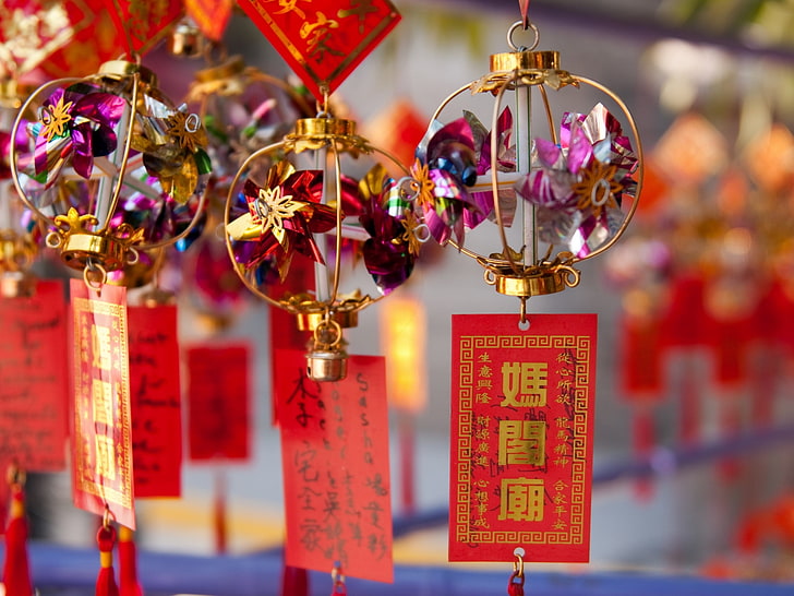 three brass hanging lanterns, wind, souvenir, red, chinese, HD wallpaper