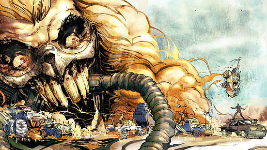 illustration de squelette, Mad Max, Mad Max: Fury Road, films, voiture, bandes dessinées, Immortan Joe, Fond d'écran HD HD wallpaper