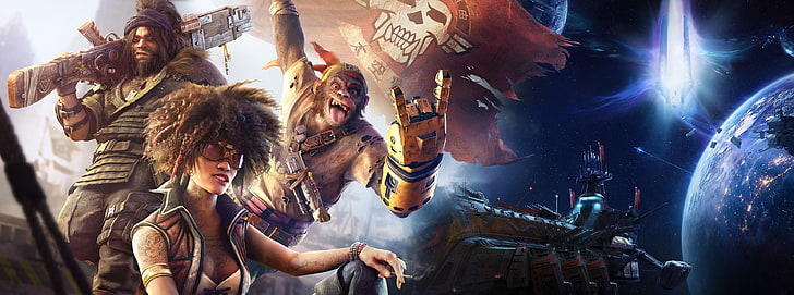 Beyond Good and Evil 2, Afro, spaceship, glasses, video games, smiling, monkey, bandanas, smoking, tattoo, weapon, planet, digital art, Beyond Good and Evil, Shani (Beyond Good and Evil), HD wallpaper