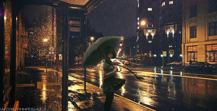 Umbrella, night, rain, anime girls, HD wallpaper | Wallpaperbetter