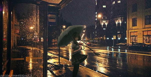 アニメの女の子、傘、雨、夜、 HDデスクトップの壁紙 HD wallpaper