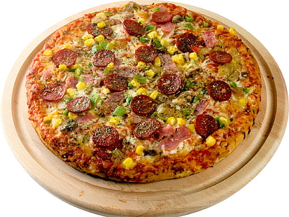 pizza con piatto di hot dog a fette, pizza, formaggio, salsiccia, dolci, Sfondo HD HD wallpaper