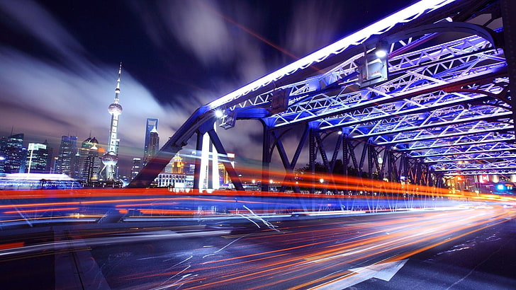 foto timelaps lampu, kota, perkotaan, pencahayaan panjang, jalur cahaya, jembatan, Shanghai, Wallpaper HD