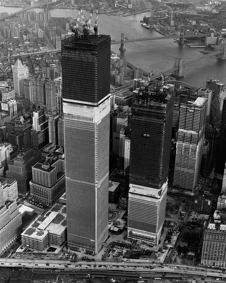 Kota New York, World Trade Center, lokasi konstruksi, monokrom, bersejarah, Wallpaper HD, wallpaper seluler