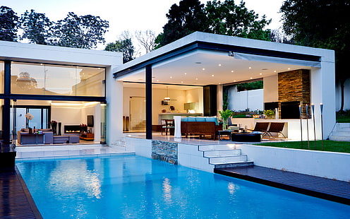 архитектура, дом, современный, бассейн, плавание, HD обои HD wallpaper
