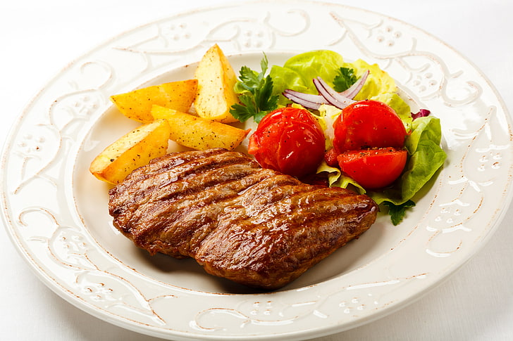 white ceramic plate with meat dish, meat, vegetables, steak, grilled, herbs, potatoes, HD wallpaper