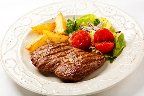weiße Keramikplatte mit Fleischgericht, Fleisch, Gemüse, Steak, gegrillt, Kräutern, Kartoffeln, HD-Hintergrundbild HD wallpaper