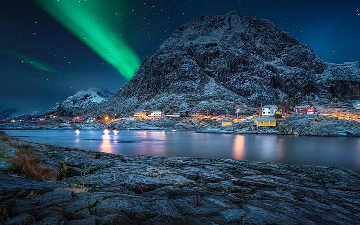 Lofoten Норвегия полярна нощ зелена светлина звезда небе нощен пейзаж десктоп Hd тапет за мобилни телефони таблет и компютър 3840 × 2400, HD тапет