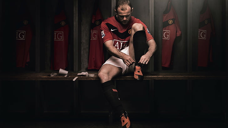 pemain sepak bola mengenakan kaos leher-merah dan hitam dan celana pendek putih, Sepak Bola, Wayne Rooney, Para pemain sepakbola terbaik, Manchester United, Wallpaper HD