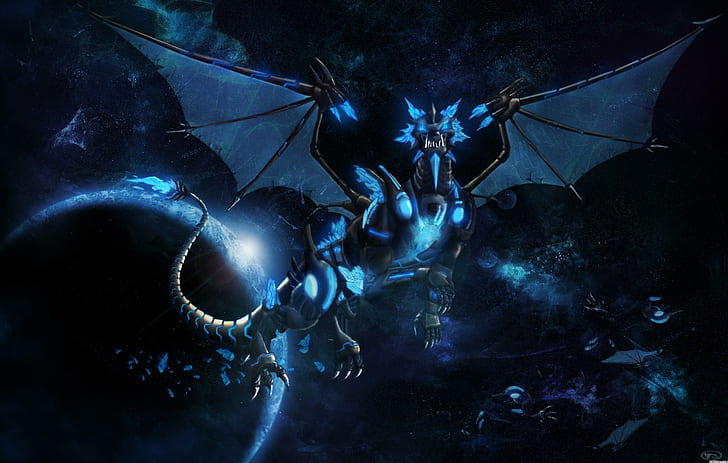 Синий дракон, синий морозный змей, миры, космос, инопланетяне, драконы, синий, 3d и аннотация, HD обои