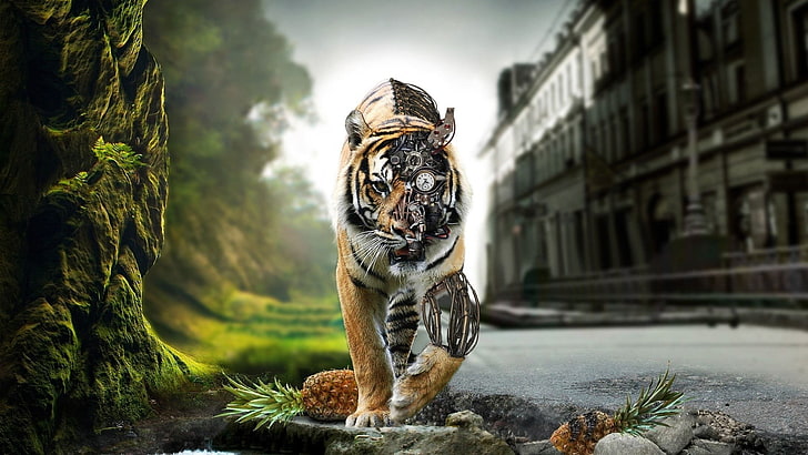 tigerillustration, tiger, fantasikonst, djur, digital konst, robot, HD tapet