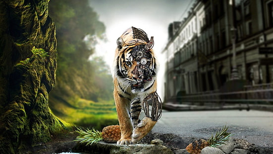 иллюстрация тигра, тигр, фэнтези-арт, животные, цифровое искусство, робот, HD обои HD wallpaper