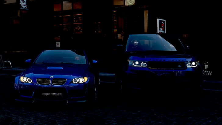BMW 3 Series (E92), BMW 3 Series, BMW M3 GTRS3, vehicle, Range Rover, Forza Horizon 4, car, Land Rover, Land Rover evoque, video games, Forza, HD wallpaper
