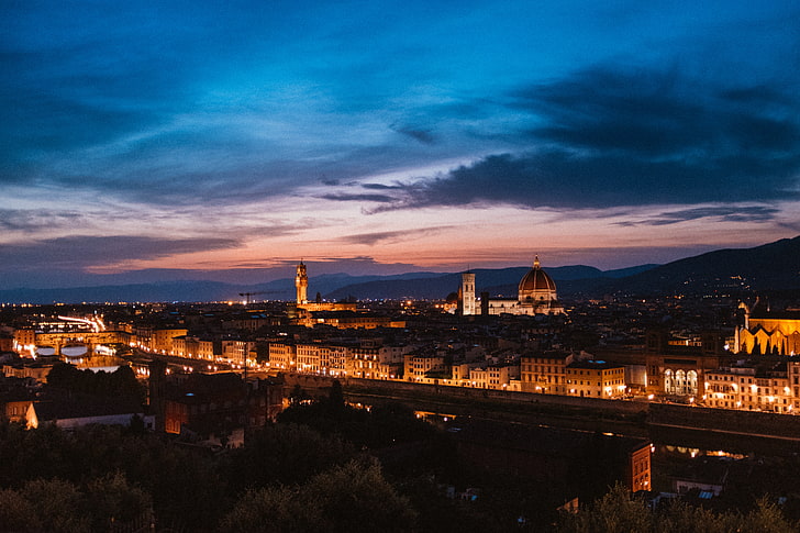 city lights, florence, italy, night city, top view, HD wallpaper