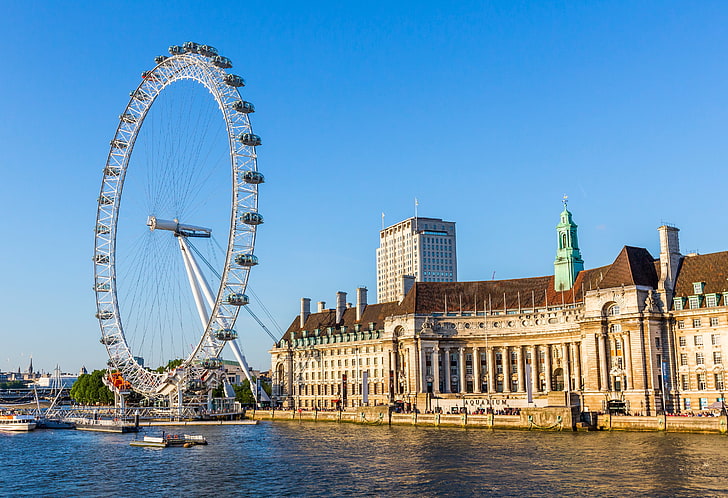 ruota panoramica beige, cielo, fiume, Inghilterra, Londra, casa, ruota, Sfondo HD