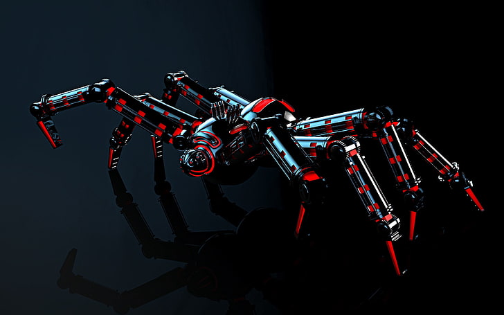 gray and red spider toy, mechanism, reflection, spider, robot, light, HD wallpaper