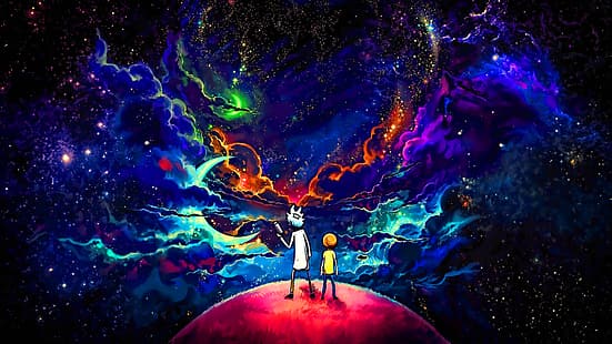 Rick und Morty, Orange, Weltraum, Planet, Blau, Schwarz, Sterne, Weiß, Grün, Lila, Mond, Rot, Rosa, HD-Hintergrundbild HD wallpaper