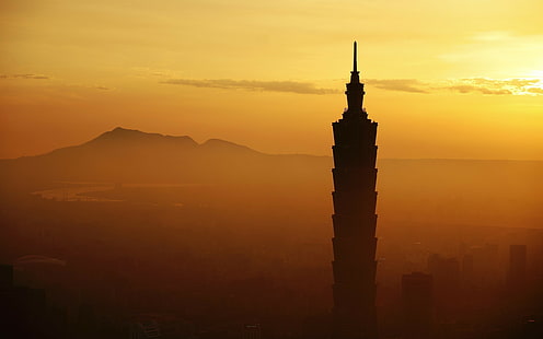 matahari terbit taipei 101 arsitektur cityscape city building sunset taipei taiwan, Wallpaper HD HD wallpaper