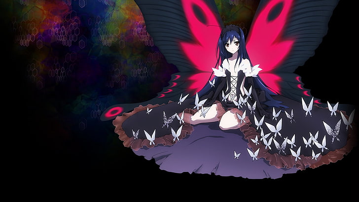 синьо коси женски аниме герой с крила на пеперуда дигитален тапет, свят на акцел, момиче, брюнетка, рокля, пеперуди, крила, HD тапет