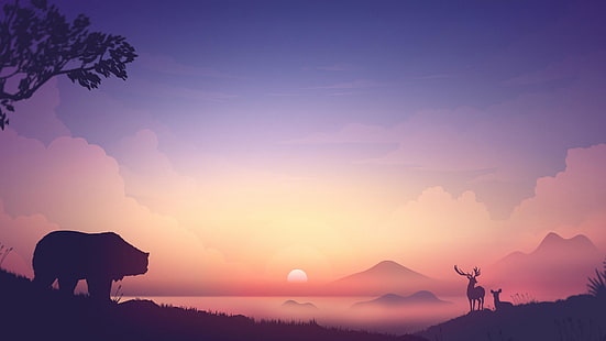 sky, bear, dawn, sunrise, foggy, horizon, morning, silhouette, deer, illustration, HD wallpaper HD wallpaper