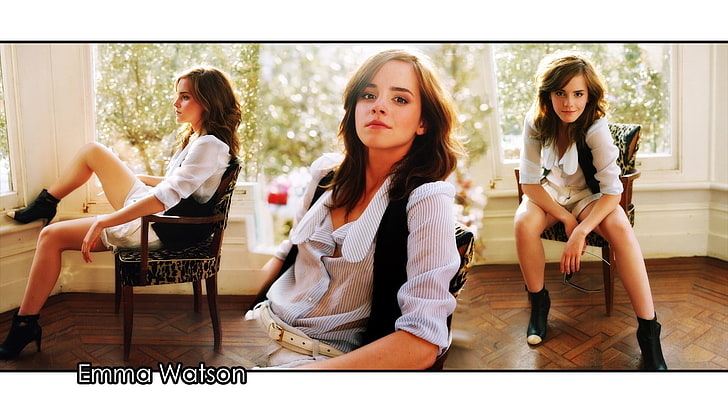 Emma Watson collage, Emma Watson, collage, actress, women, chair, sitting, celebrity, HD wallpaper
