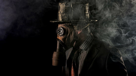 smoke, hat, steampunk, black background, gas masks, men, vintage, tie, shirt, suits, HD wallpaper HD wallpaper