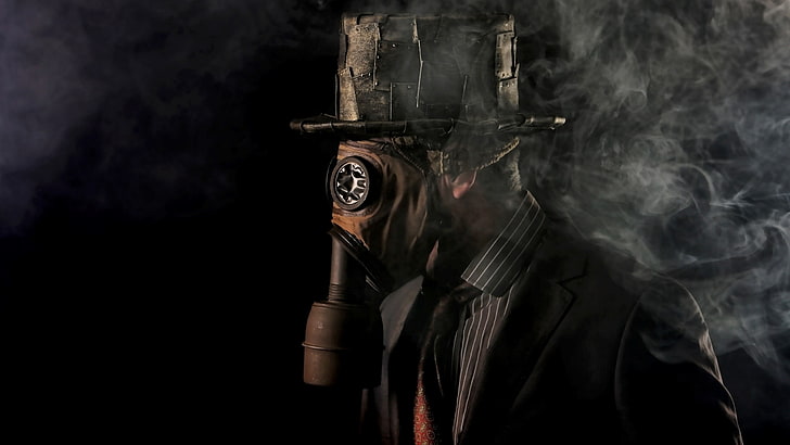 Day Light Gas Mask Man Tapeta, dym, mężczyźni, maski gazowe, garnitury, krawat, steampunk, koszula, kapelusz, czarne tło, vintage, Tapety HD