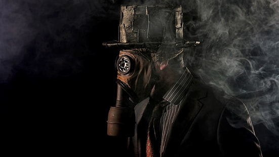 Day Light Gas Mask Man wallpaper, smoke, men, gas masks, suits, tie, steampunk, shirt, hat, black background, vintage, HD wallpaper HD wallpaper