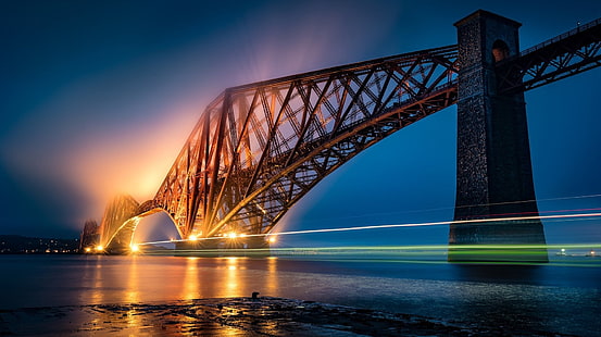 橋、フォース橋、光、夜、スコットランド、 HDデスクトップの壁紙 HD wallpaper