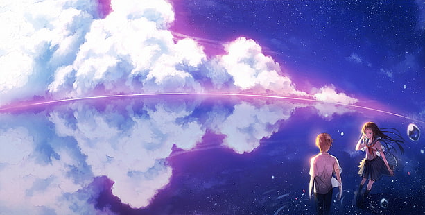 casal de anime, uniforme escolar, além das nuvens, cênico, estrelas, anime, HD papel de parede HD wallpaper